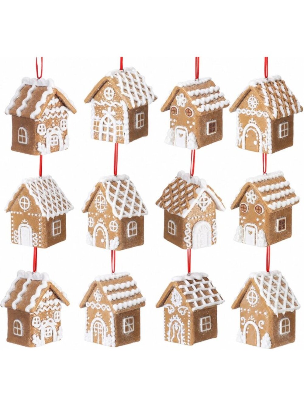 12 Pcs Gingerbread House Ornaments Set - Festive White Frosting Decor